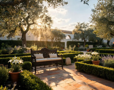 Peaceful mediterranean garden representing additional funeral support services
